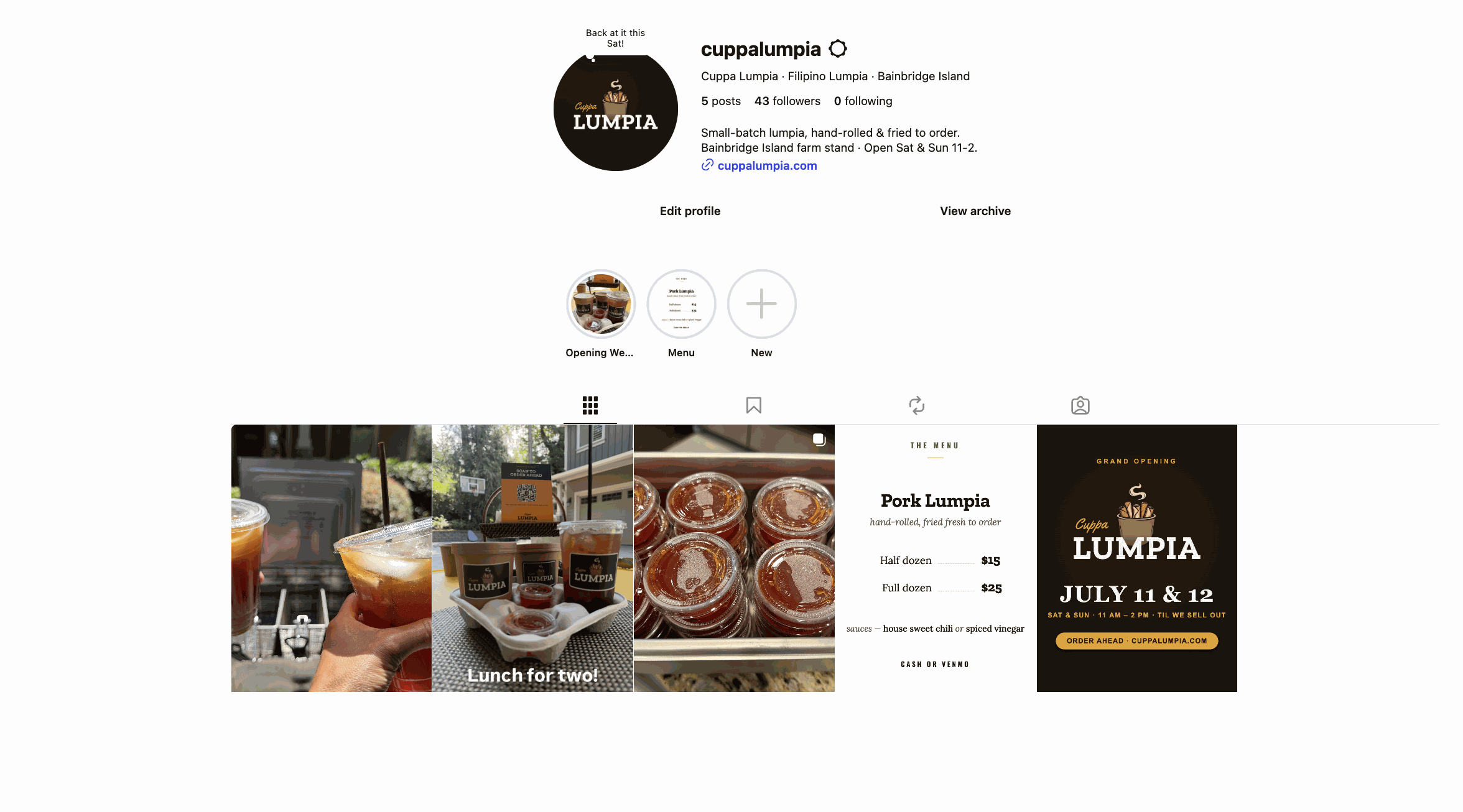 The Cuppa Lumpia Instagram profile, five posts of the brand system in the wild