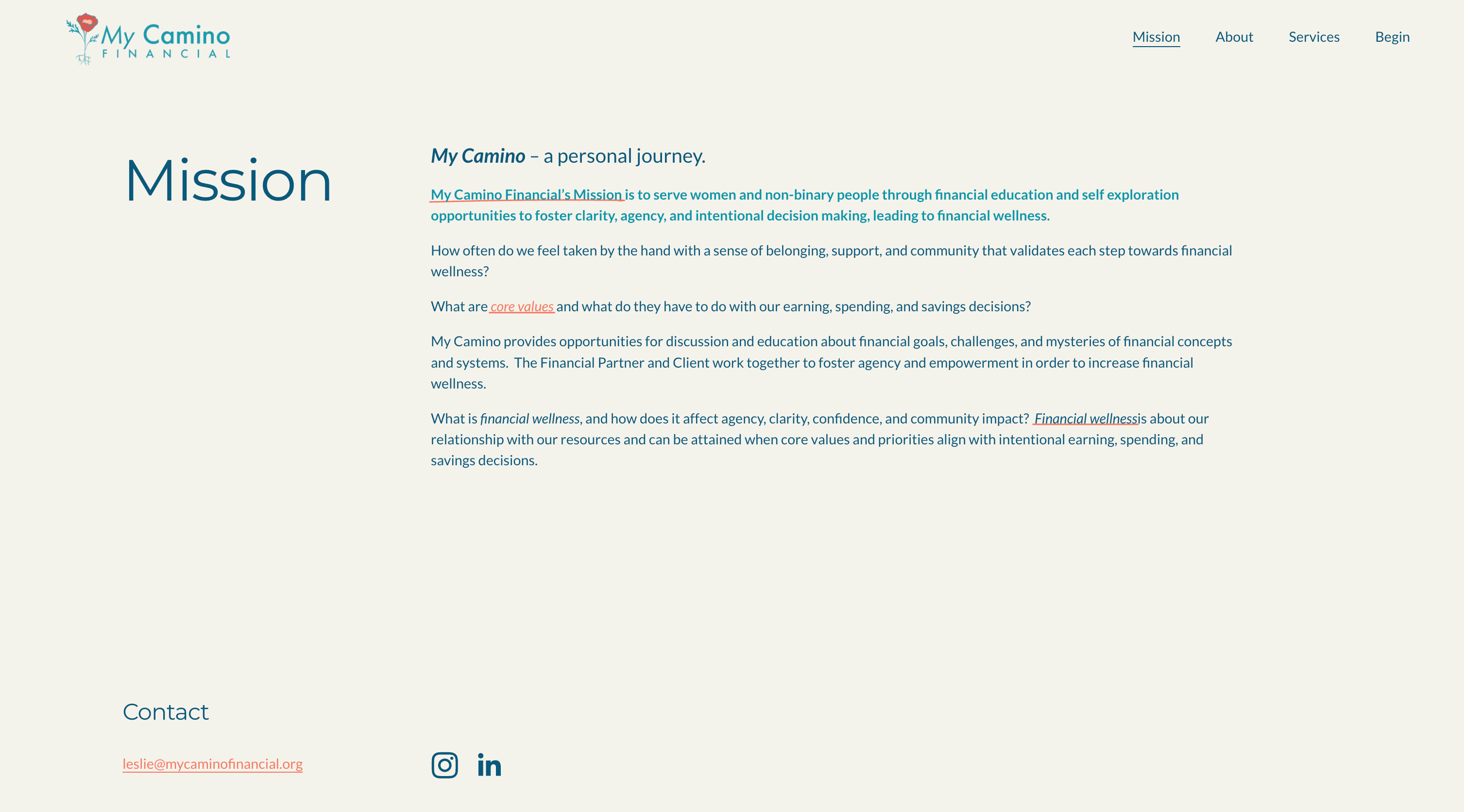The previous My Camino Financial home page, which opened on the word Mission beside five paragraphs about a personal journey, core values, and financial wellness, then ended in a contact block