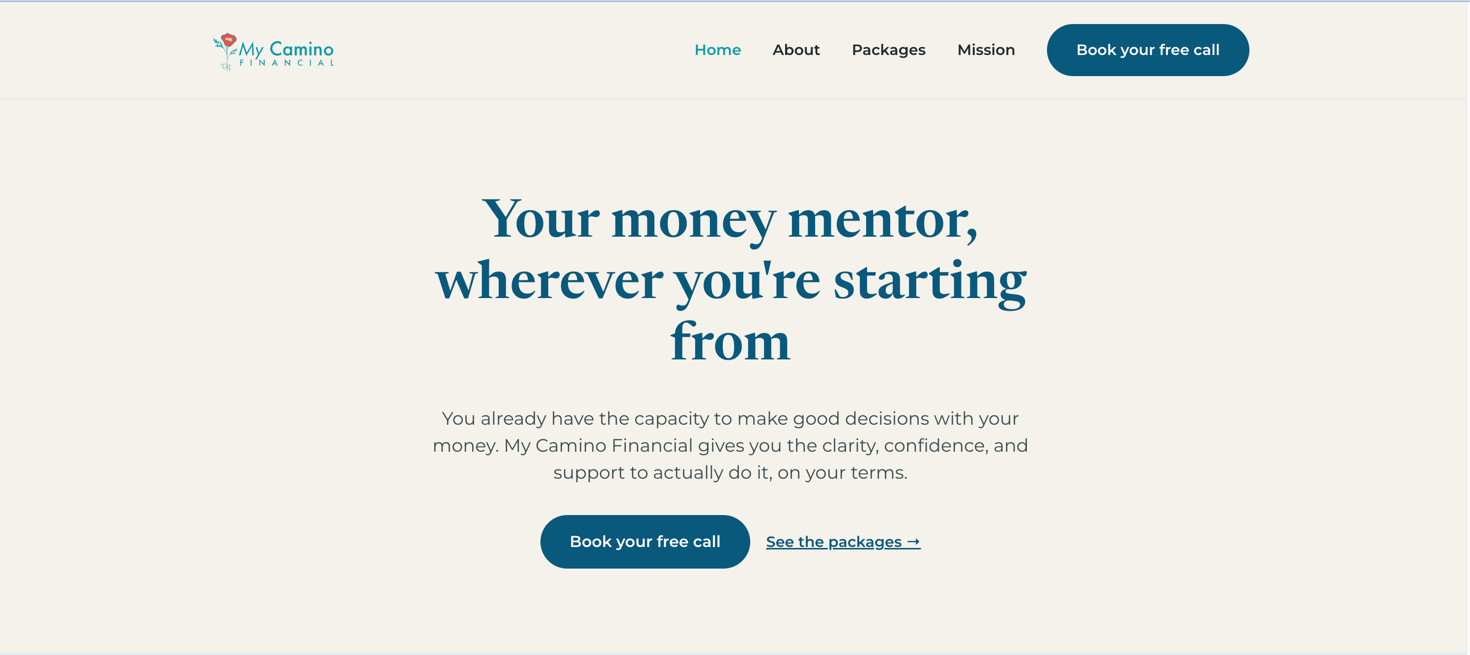 The rebuilt My Camino Financial home page hero, headlined Your money mentor, wherever you are starting from, with a Book your free call button and a link to the packages