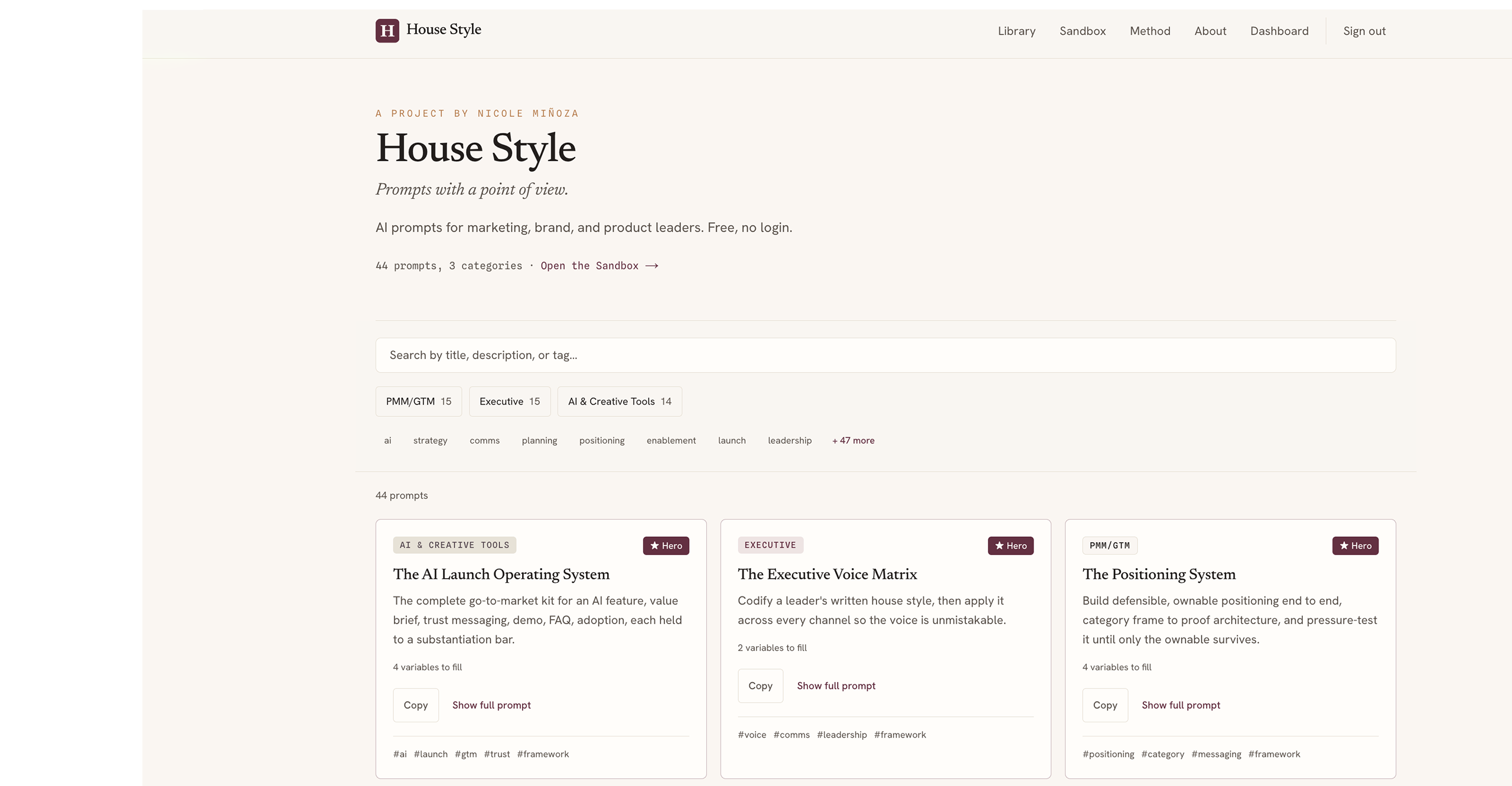 House Style catalog, showing the tagline and the three pinned hero frameworks